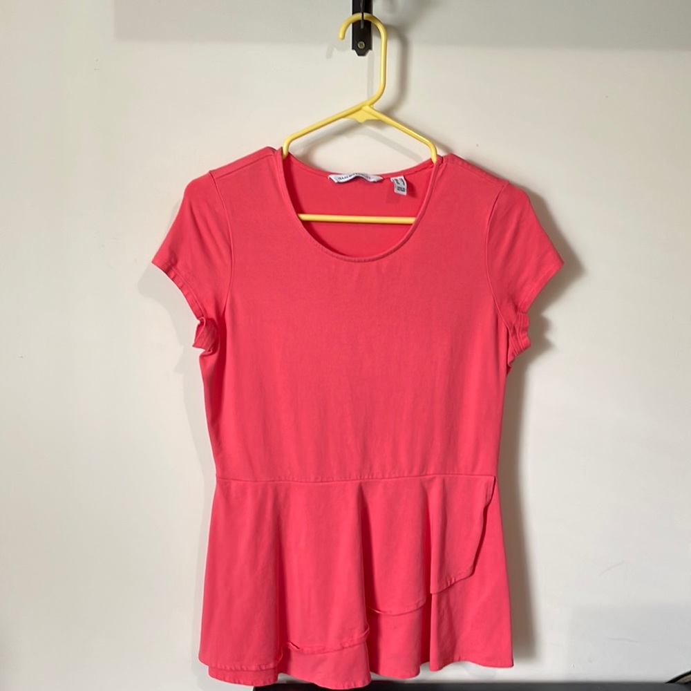 Isaac Mizrahi Live coral peplum top with asymmetrical ruffle detail XS